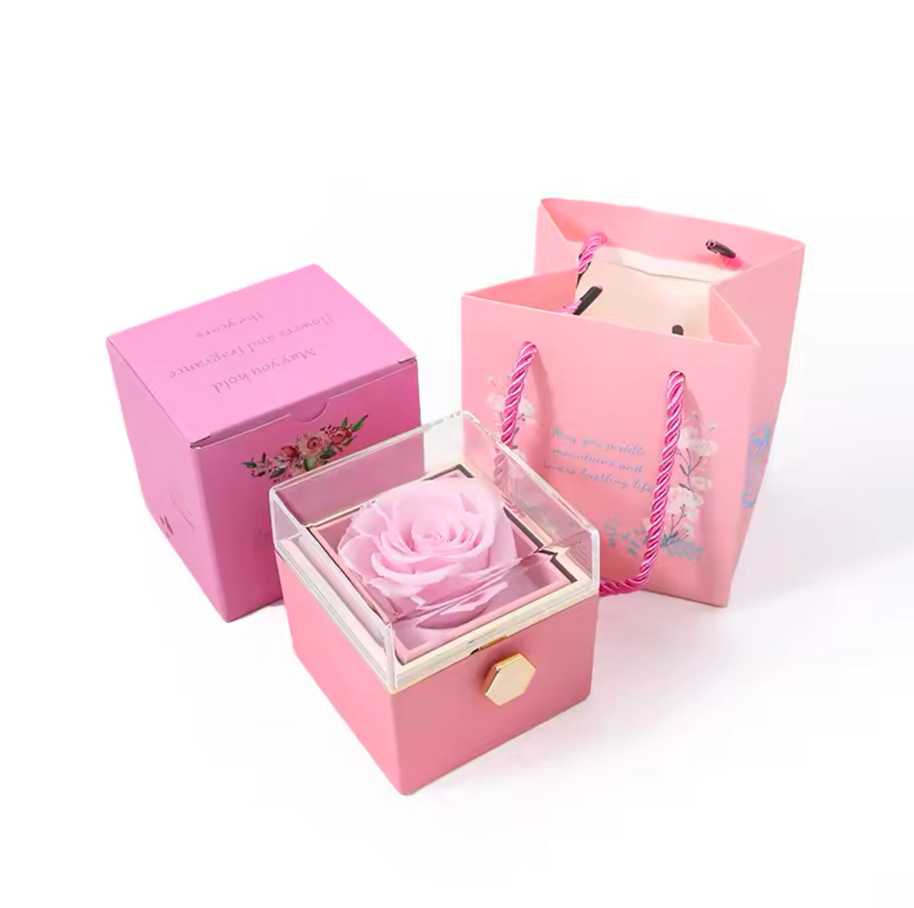 Eternal Rose Rotating Jewelry Box Transparent Lid With Gift Bag Ring Box Soap Flower Acrylic Rose Gift Box Wedding Party